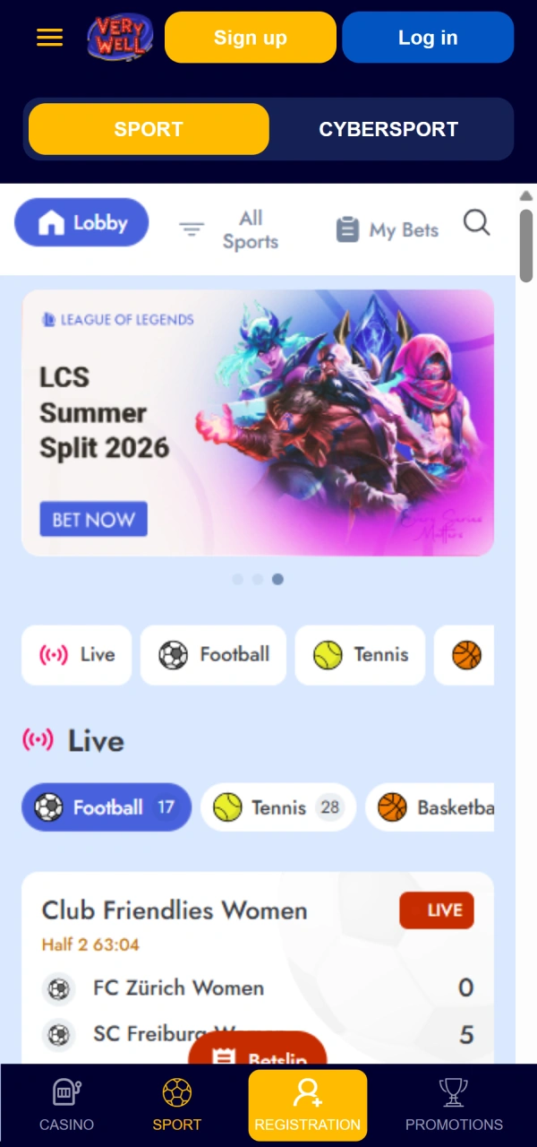 Browse comprehensive live betting lines using the VeryWell App Interface display.