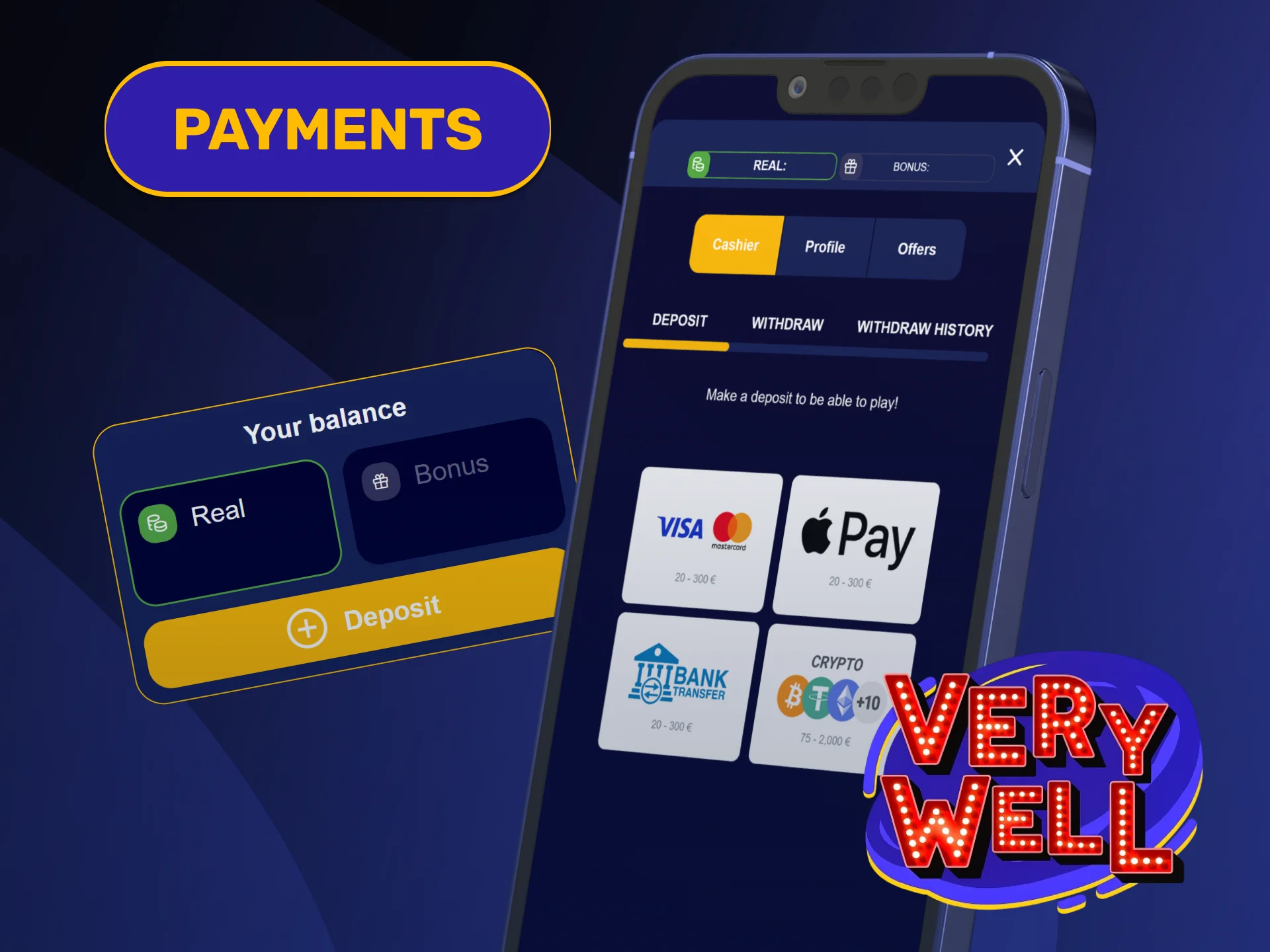 Fund your player balance safely using our modern mobile VeryWell App.