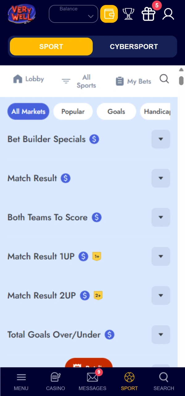 Select target match odds showing how to place your first VeryWell bet.