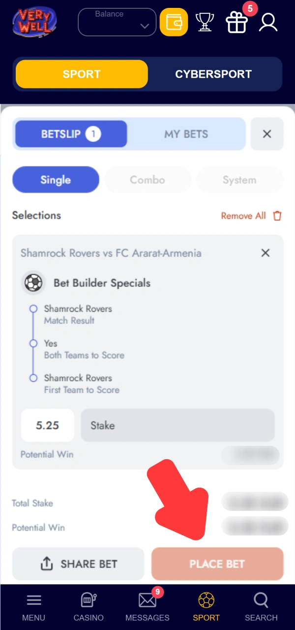 Validate your multi-selection slip explaining how to place your bet VeryWell App.