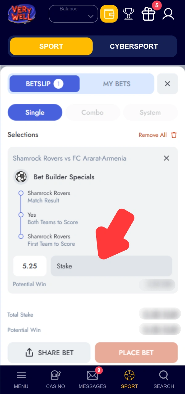 Enter your wager value demonstrating how to place your first VeryWell bet.