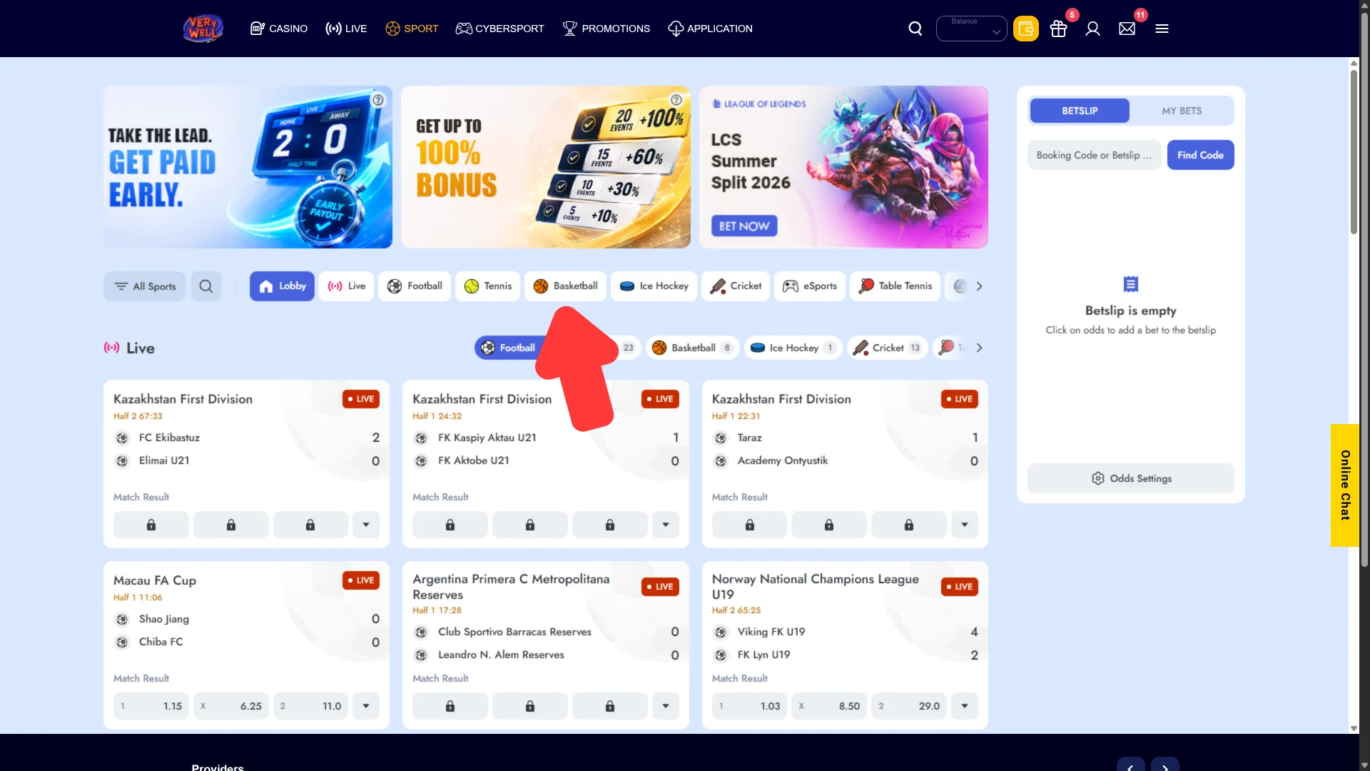 Choose target sports categories showing how to bet on VeryWell Basketball.