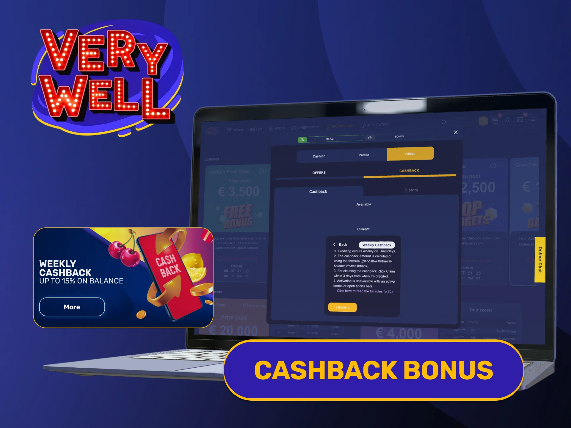 Recover percentage losses weekly utilizing specialized VeryWell casino cashback bonus.