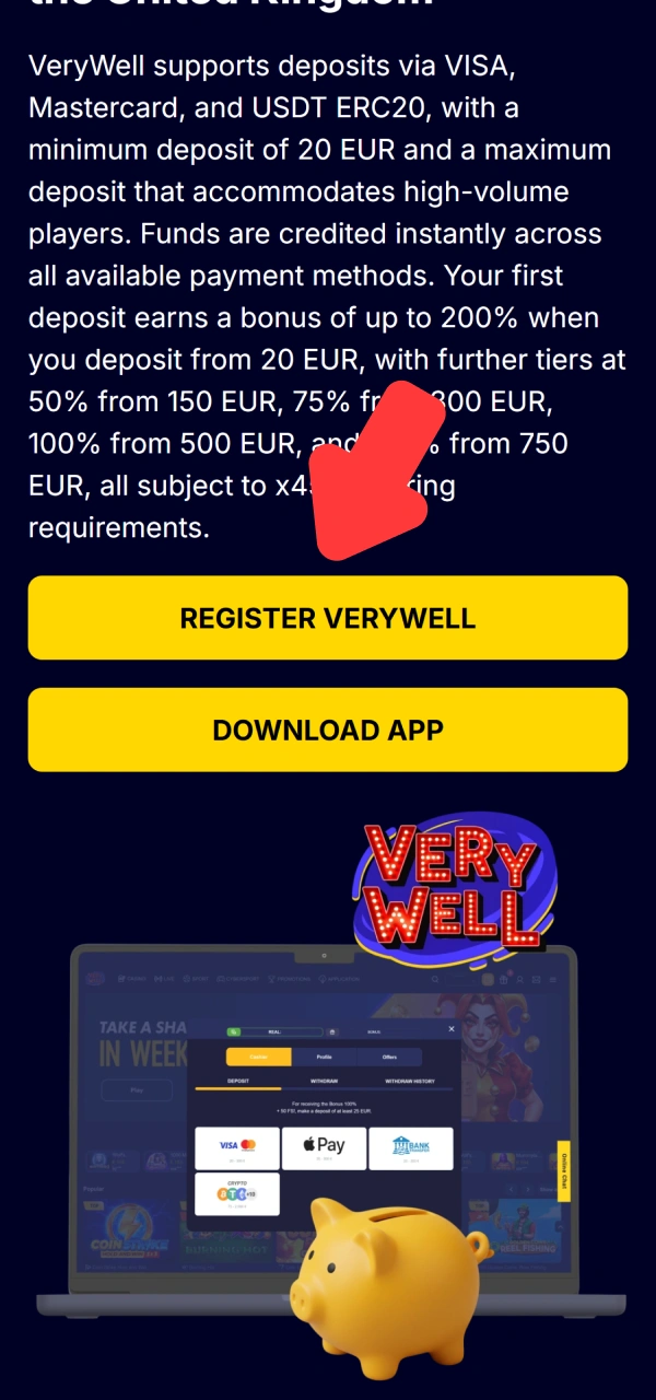 Open your personal betting profile showing how to deposit at VeryWell.