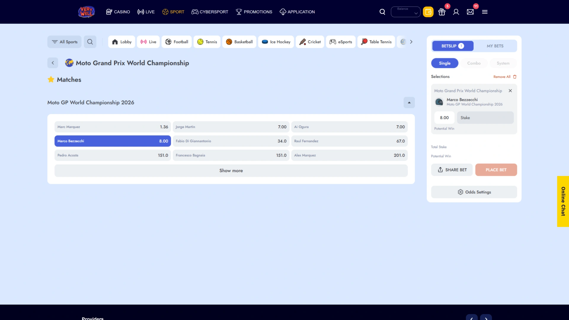 Finalize your race wager ticket showing how to bet on VeryWell F1.