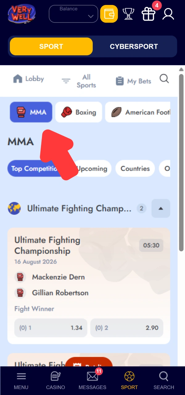 Open active fight odds lines navigating through VeryWell MMA app.