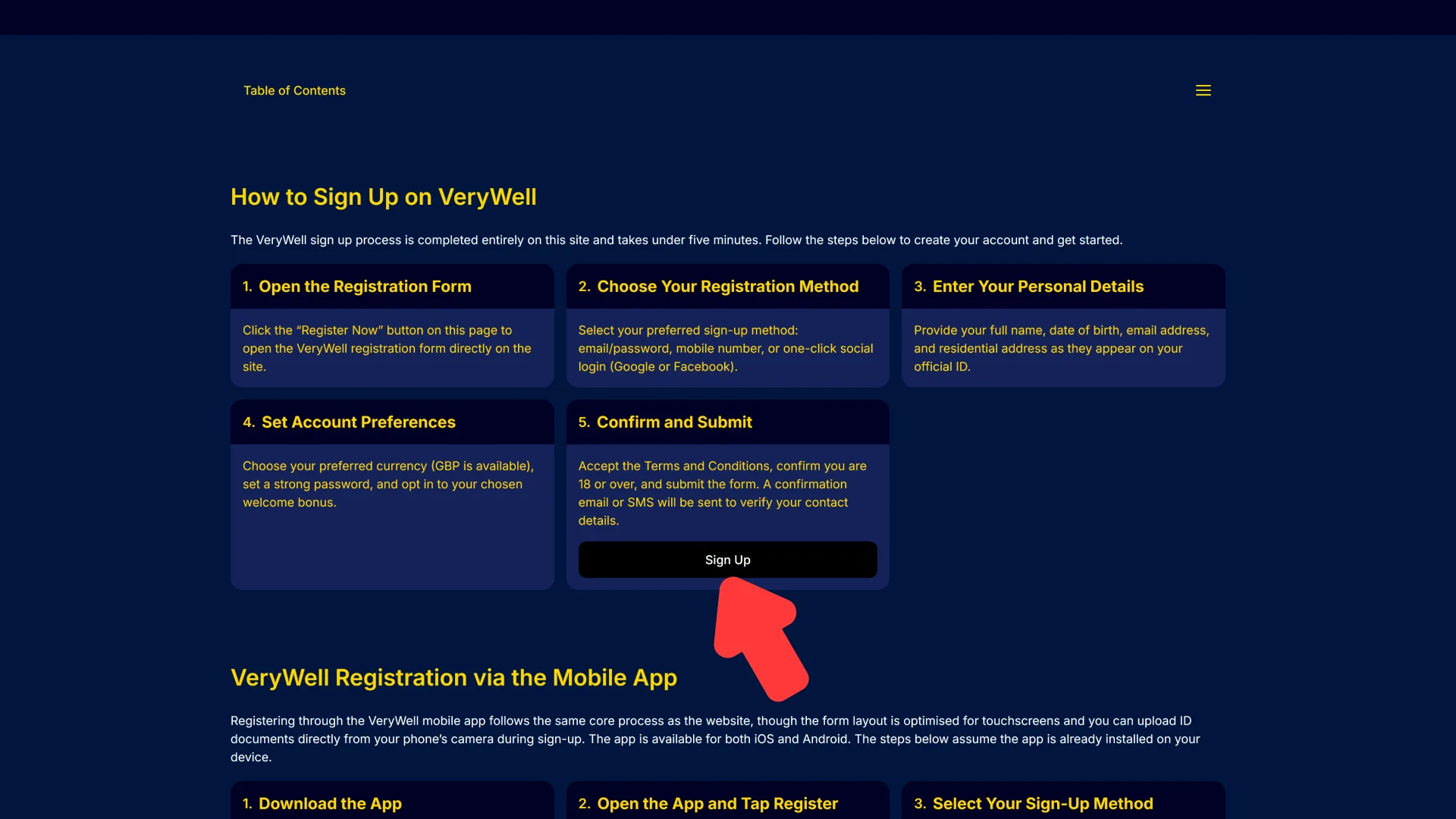 Click the joining button explaining how to sign up on VeryWell.