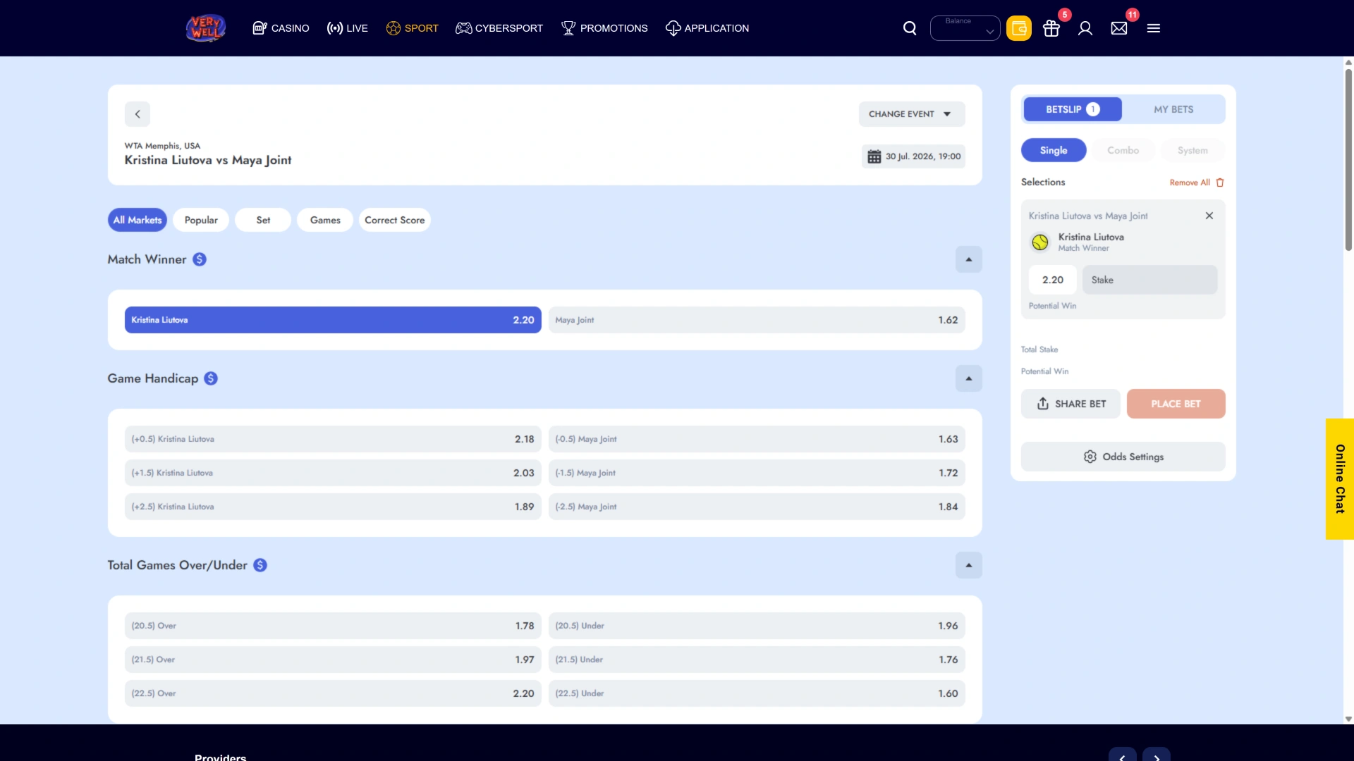 Confirm your final wager amount to place a VeryWell Tennis bet.