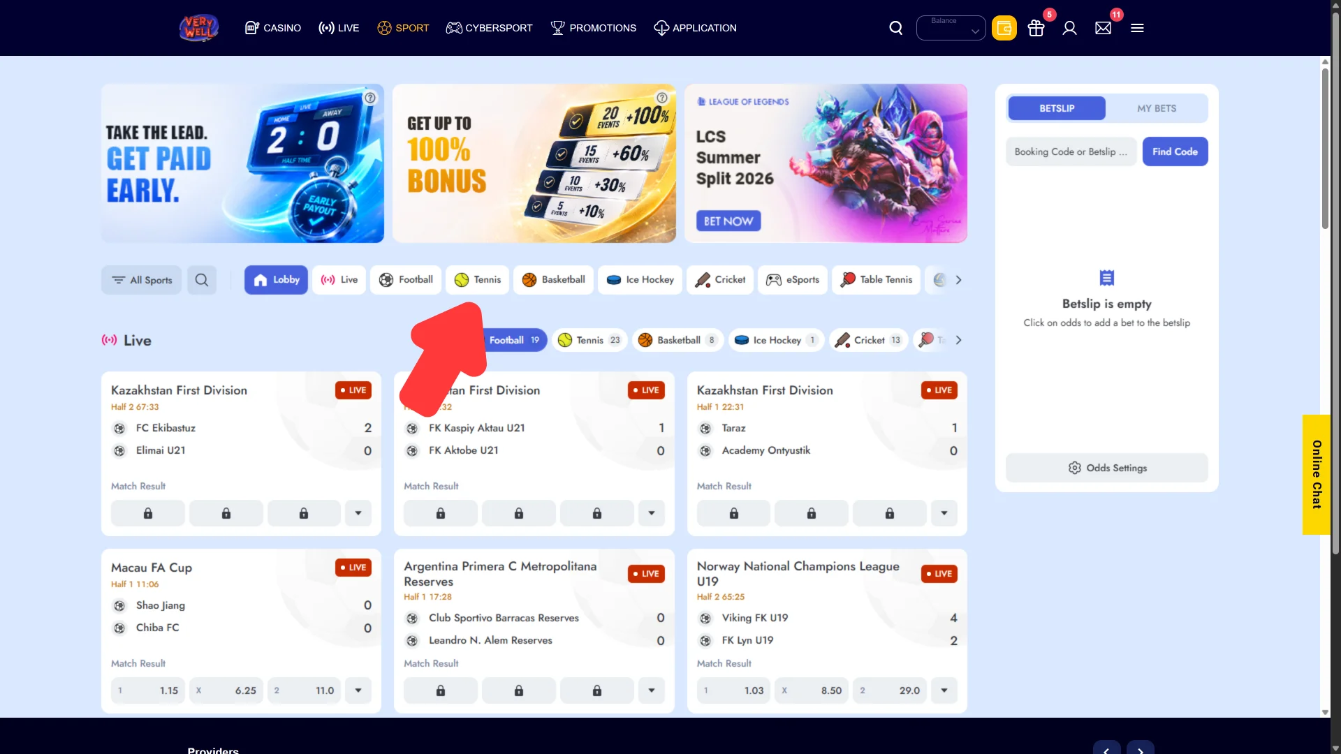 Open the complete sportsbook menu to place a VeryWell Tennis bet.