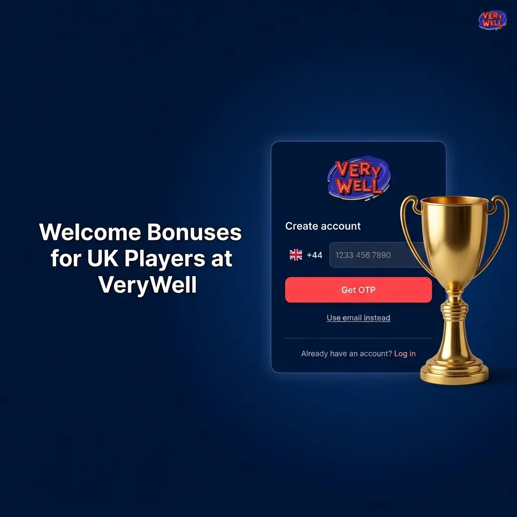 VeryWell Casino tiered welcome bonuses for UK players, ranging from 50% to 200% with x45 wagering requirements