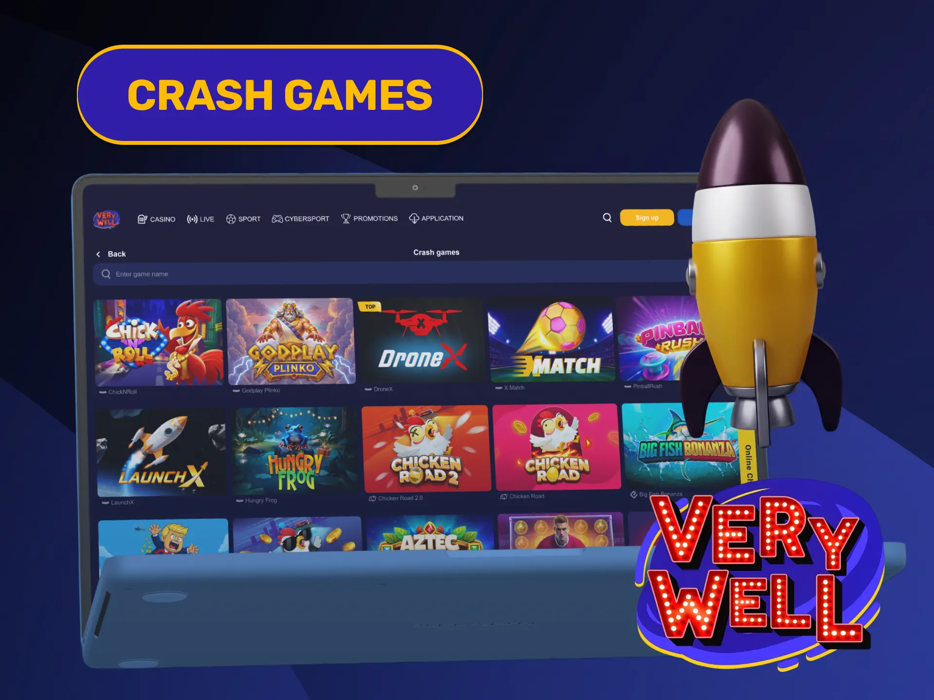 Cash out rising multipliers fast playing games on the VeryWell Casino.