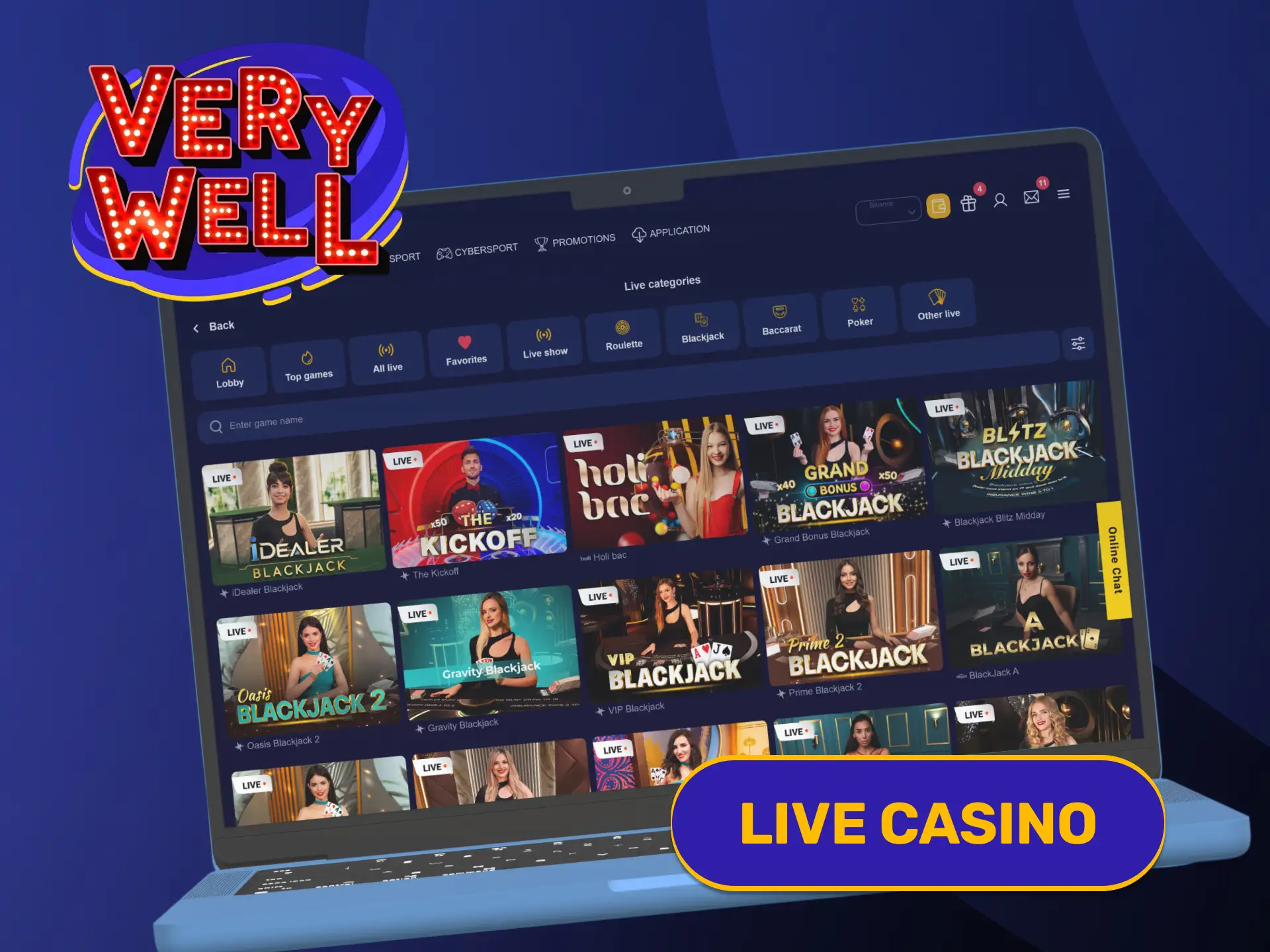 Join interactive human dealer tables operating inside the live VeryWell Casino.