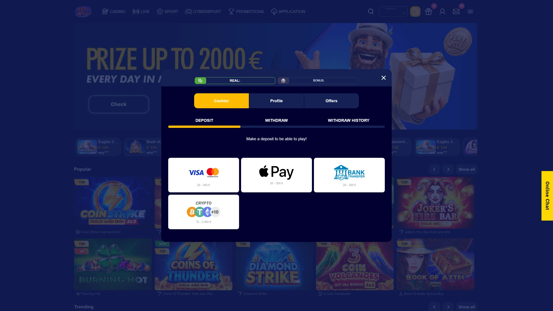 Fund your wallet balance demonstrating how to start betting on VeryWell Esports.