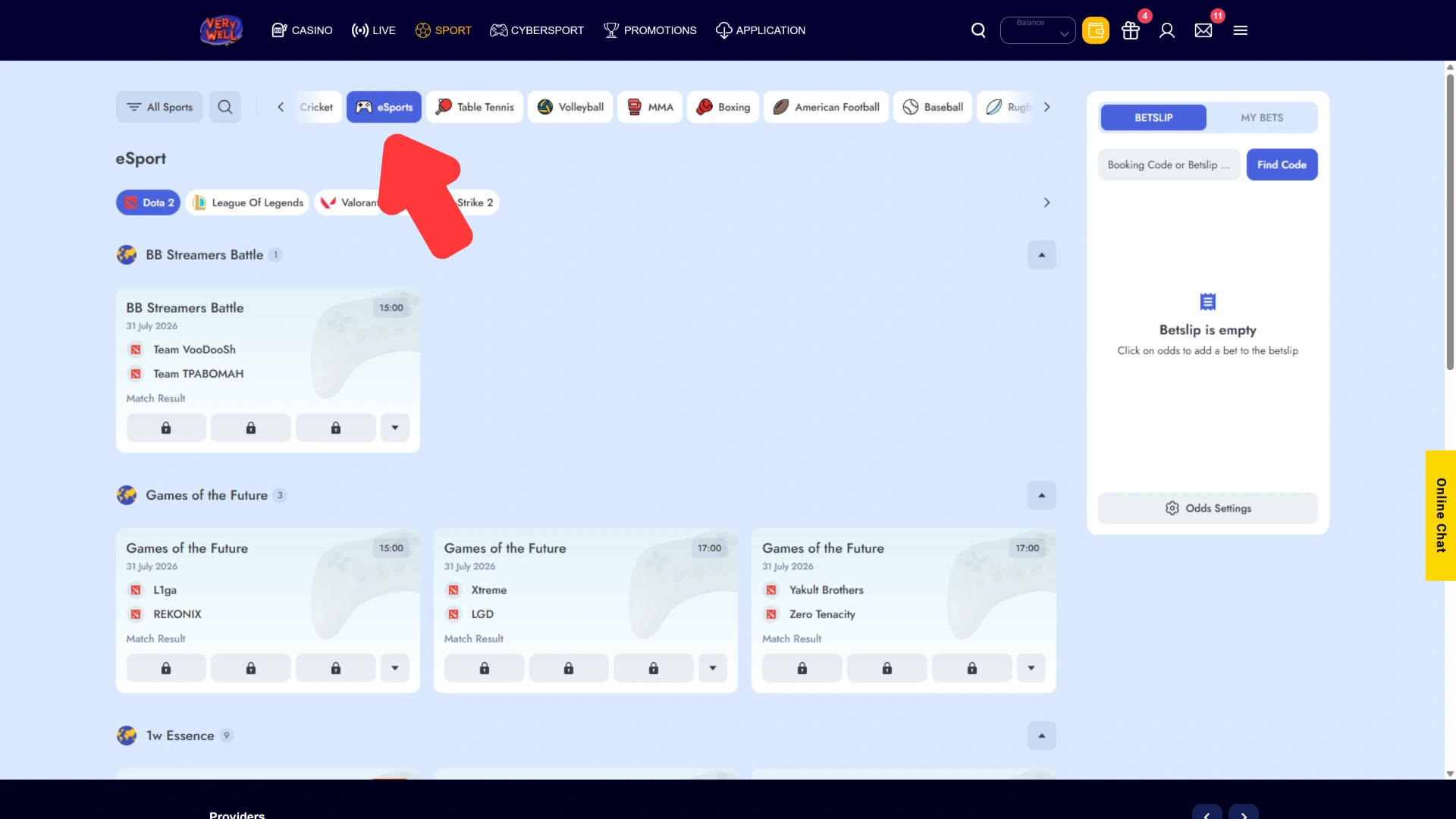 Open the cyber tournament menu showing how to start betting on VeryWell Esports.