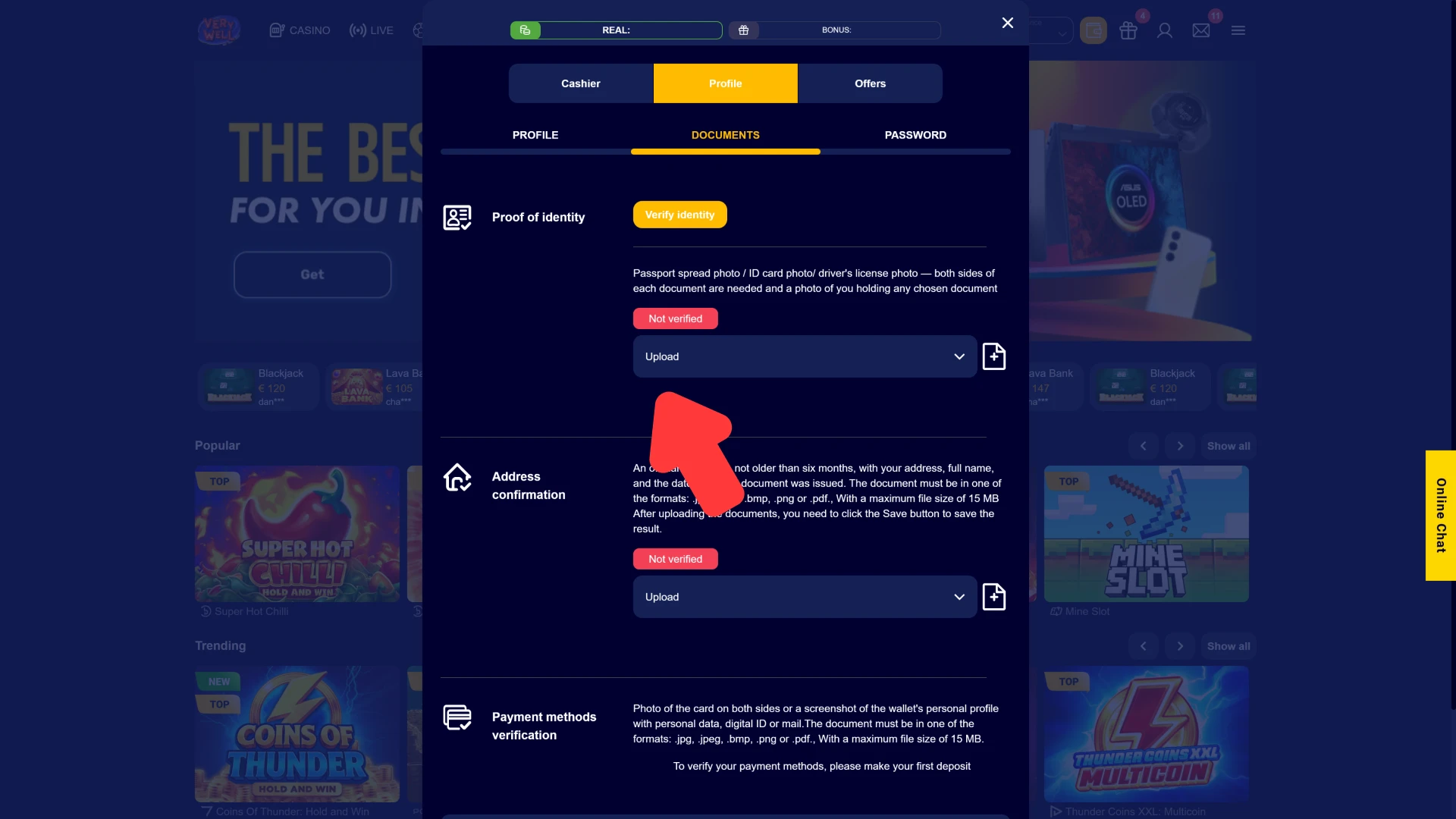 Submit identification documents on how to start betting on VeryWell Esports.