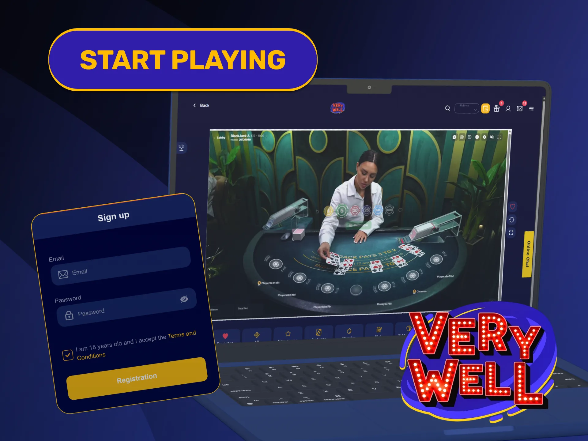 Join interactive dealer tables when starting playing on VeryWell Live Casino.