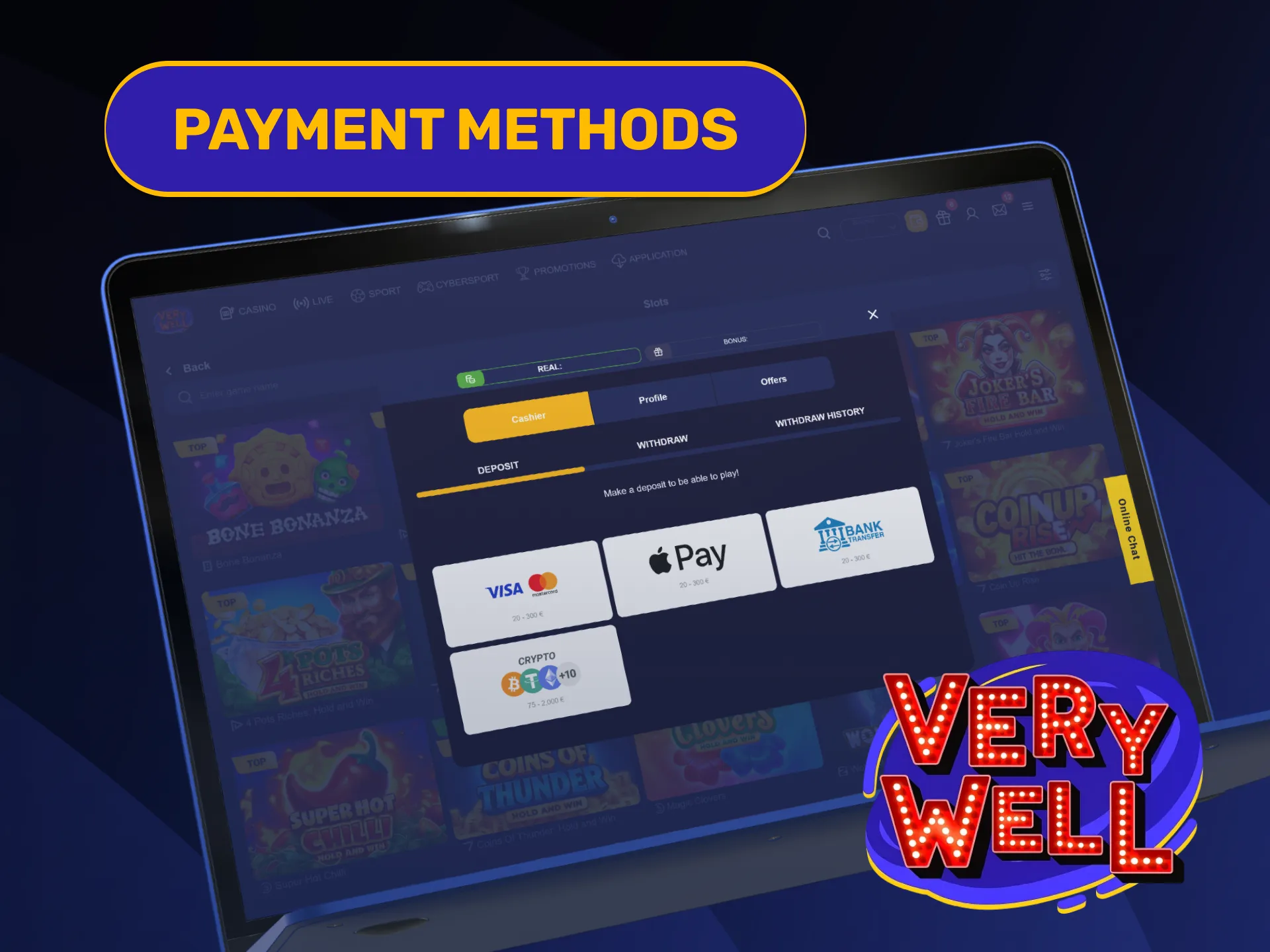 Top up your profile funds safely to play official VeryWell Slots.