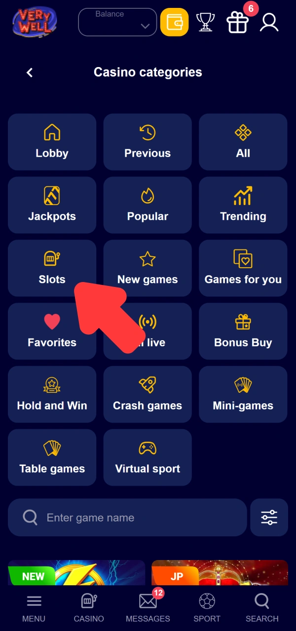Open the primary gaming catalog showing getting started with Slots VeryWell.